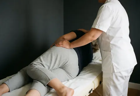 Une thérapeute en uniforme blanc effectue un massage maternel sur une cliente enceinte allongée sur une table, dans un environnement minimaliste aux murs gris.
