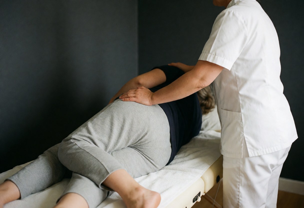 Une thérapeute en uniforme blanc effectue un massage maternel sur une cliente enceinte allongée sur une table, dans un environnement minimaliste aux murs gris.