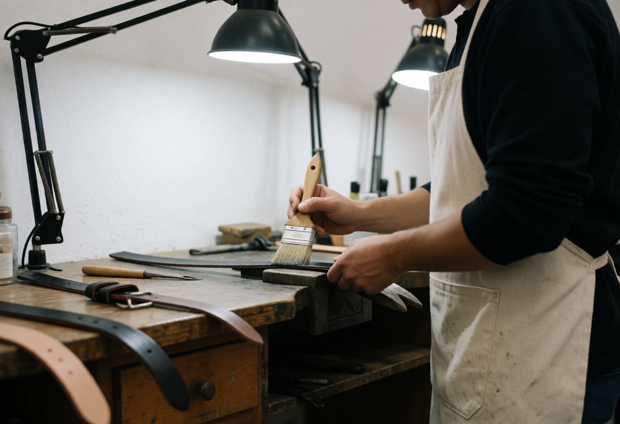 Un artisan réalise un service de teinture professionnelle sur une pièce en cuir, mettant en valeur le savoir-faire et la qualité du travail manuel.