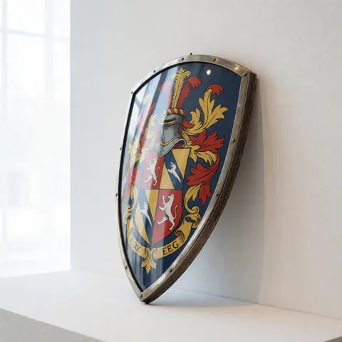 Écusson héraldique de style classique avec des couleurs bleu, rouge et doré, présenté dans un cadre métallique élégant sur un mur blanc.