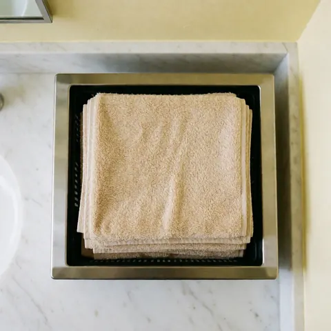 Serviettes de bain douces et chaudes empilées sur un réchauffeur en acier inoxydable, posé sur un plan de travail en marbre blanc avec des murs crème en arrière-plan.