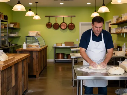 Gros plan sur des mains d'artisan pétrissant la pâte sur une surface en acier inoxydable dans un environnement de boulangerie.