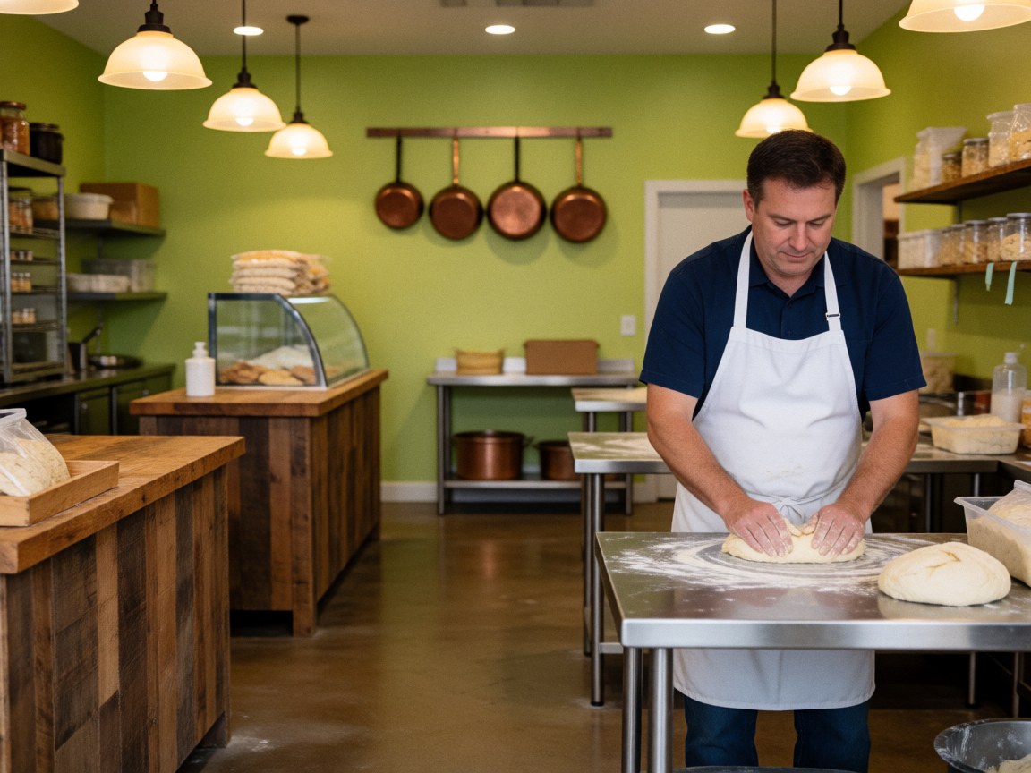 Gros plan sur des mains d'artisan pétrissant la pâte sur une surface en acier inoxydable dans un environnement de boulangerie.