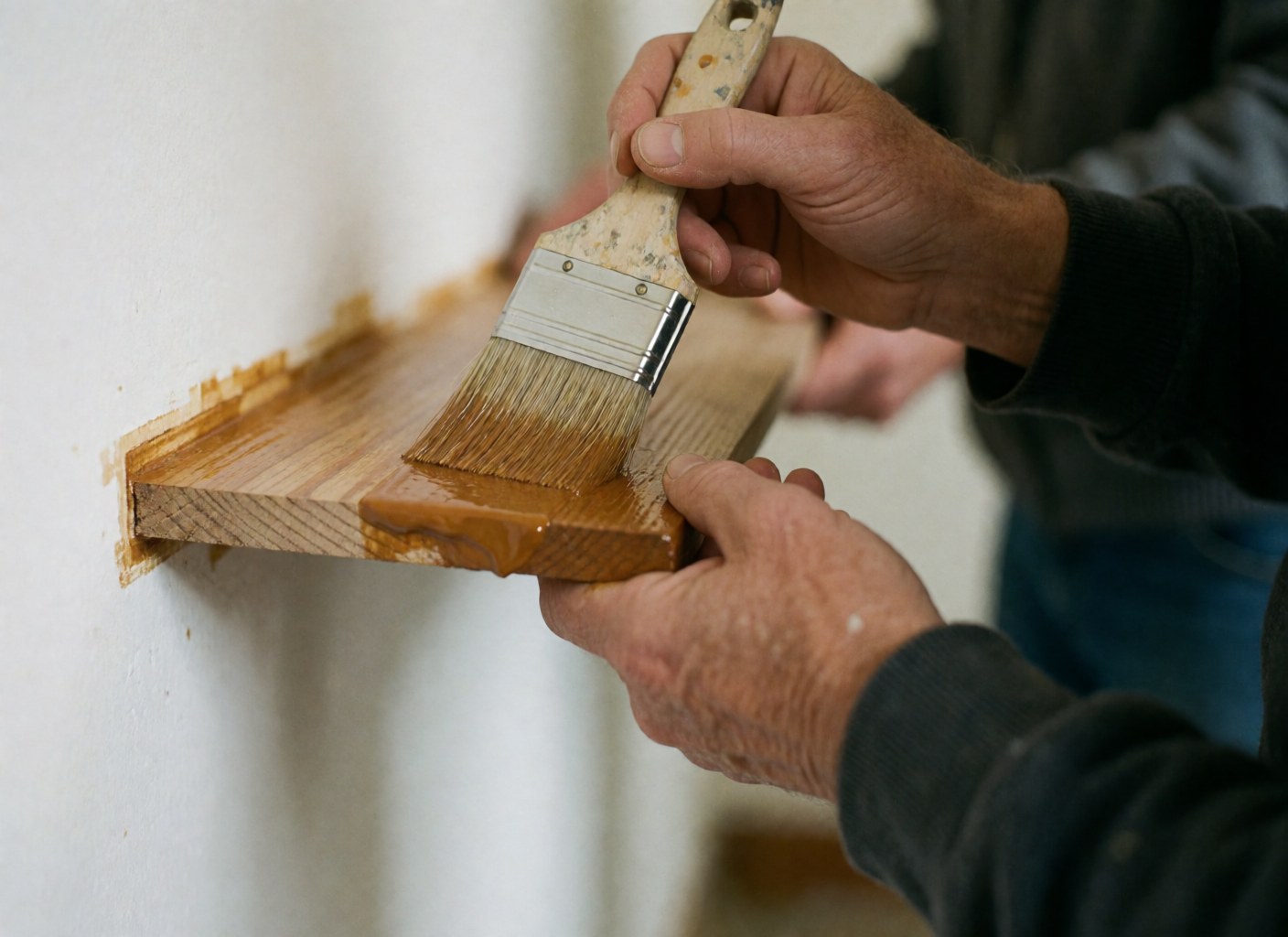 Mains appliquant du vernis sur une pièce de bois avec un pinceau, montrant le brillant et la texture du grain sur fond blanc flou.