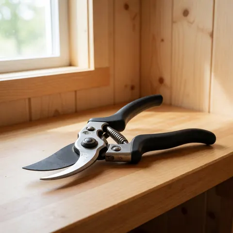 Premier plan de lames de sécateur métalliques bien aiguisées posées sur un banc de travail en bois clair près d'une fenêtre baignée de lumière naturelle.