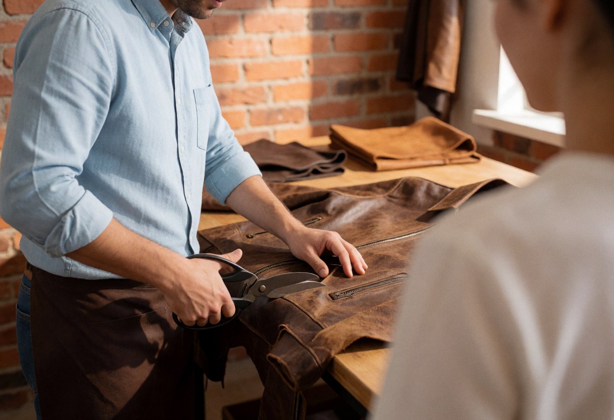 Un artisan transformant une veste en cuir sur une table de travail avec des outils et des ciseaux.