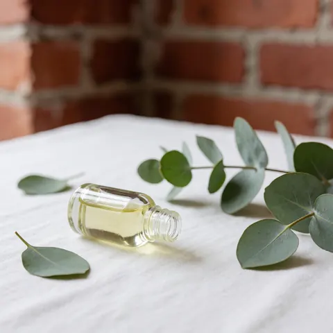Bouteille d'huile essentielle d'eucalyptus sur un tissu blanc, avec des feuilles vertes fraîches et un mur de briques rouges, ambiance relaxante et naturelle pour massages et thérapies.