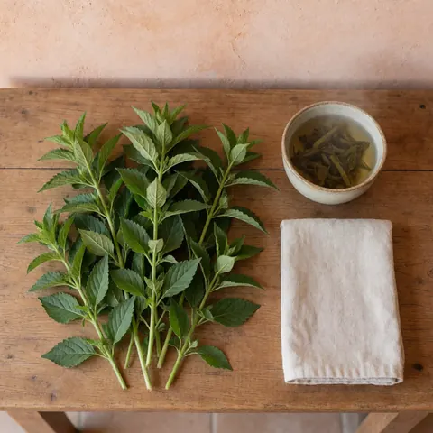 Plantes fraîches, tasse de tisane et serviette pliée sur une table en bois devant un mur terracotta, ambiance naturelle et relaxante pour thérapie prénatale.
