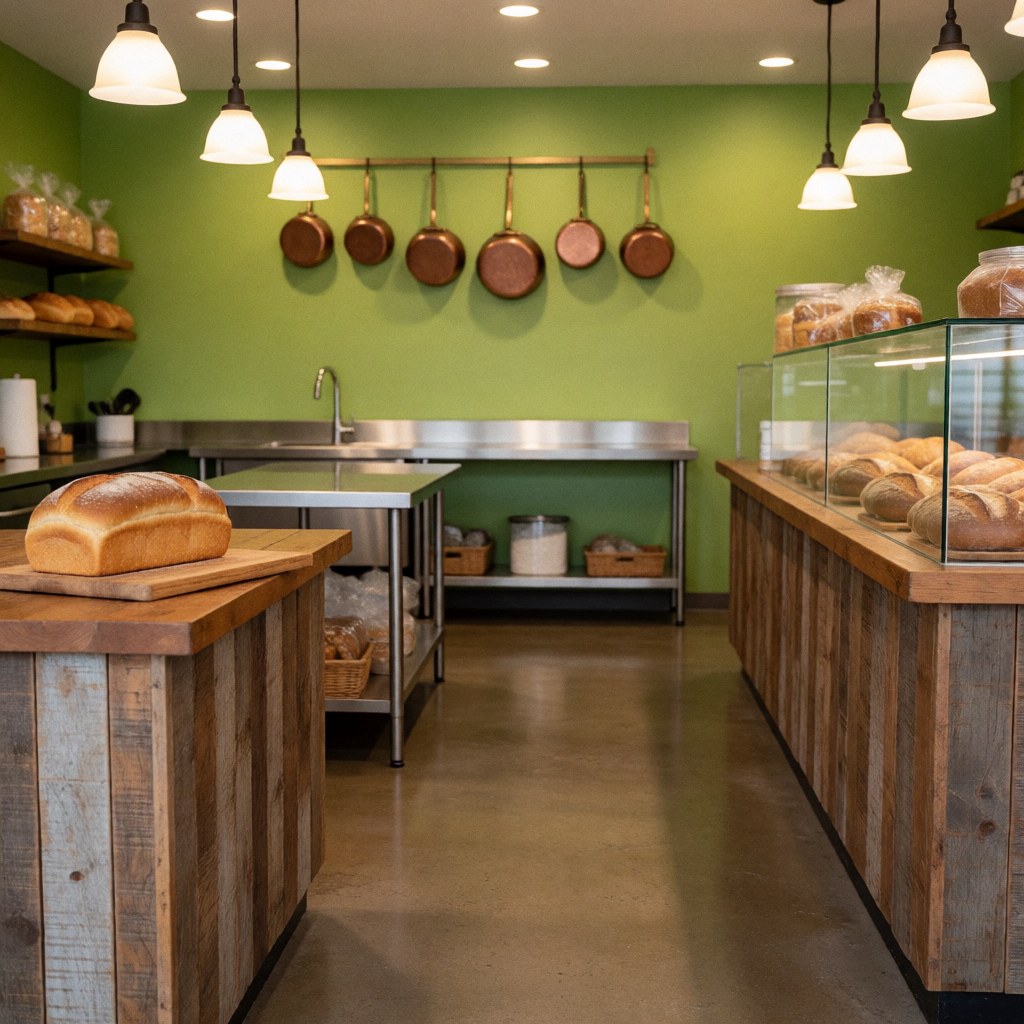 Miche de pain doré posée sur un plan de travail en bois clair dans une boulangerie aux murs verts, avec casseroles suspendues et vitrines de présentation.