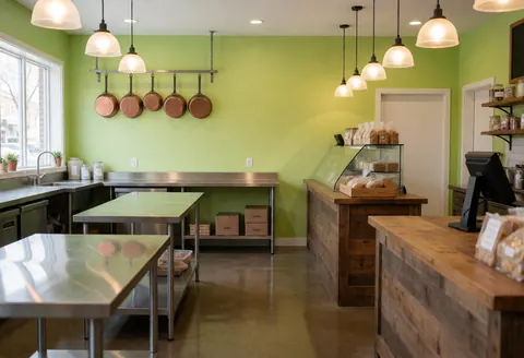 Vue intérieure d'une boulangerie aux murs verts, comptoirs en bois et acier inoxydable, casseroles suspendues et éclairage chaleureux.