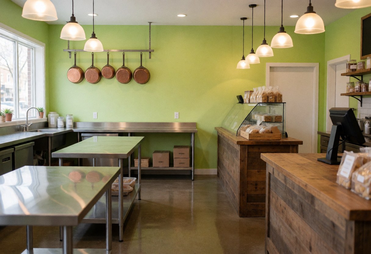 Vue intérieure d'une boulangerie aux murs verts, comptoirs en bois et acier inoxydable, casseroles suspendues et éclairage chaleureux.