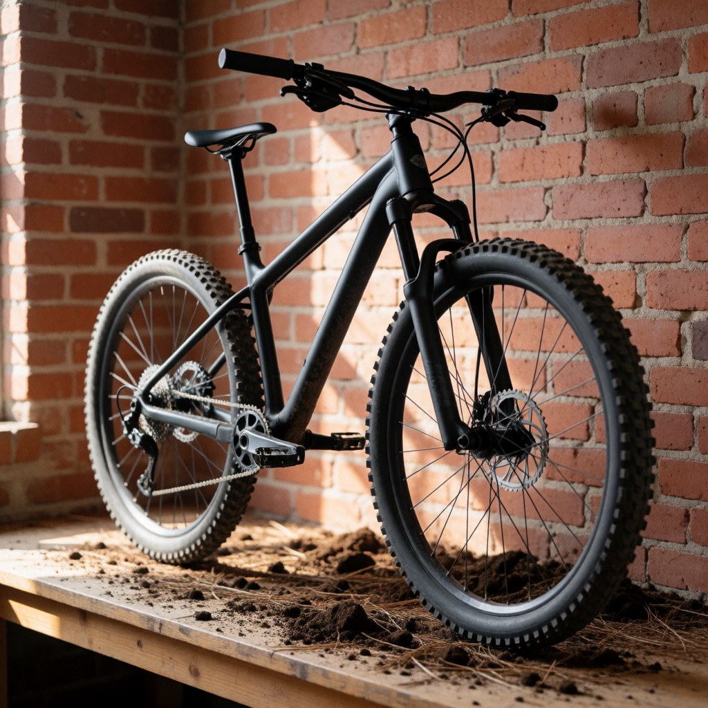 Vélo de montagne noir avec pneus larges posé sur une table en bois, entouré de terre et de feuilles devant un mur de briques rouges éclairé par la lumière naturelle.