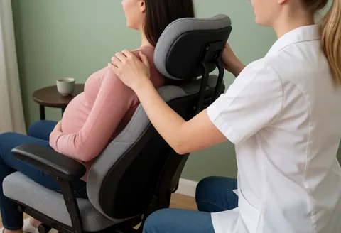 Une thérapeute professionnelle réalise un massage des épaules à une femme enceinte sur une chaise ergonomique dans un cadre relaxant.