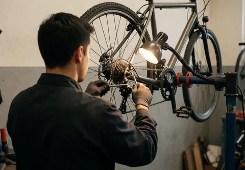 Un mécanicien professionnel ajuste les composants de transmission d'une bicyclette dans un atelier bien éclairé, utilisant des outils spécialisés pour la réparation.