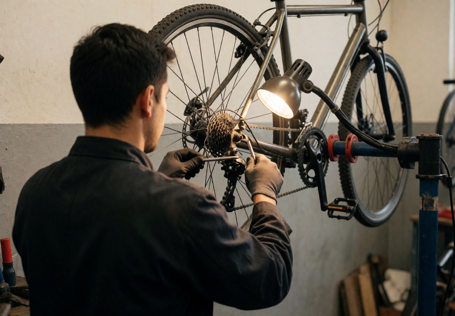 Un mécanicien professionnel ajuste les composants de transmission d'une bicyclette dans un atelier bien éclairé, utilisant des outils spécialisés pour la réparation.