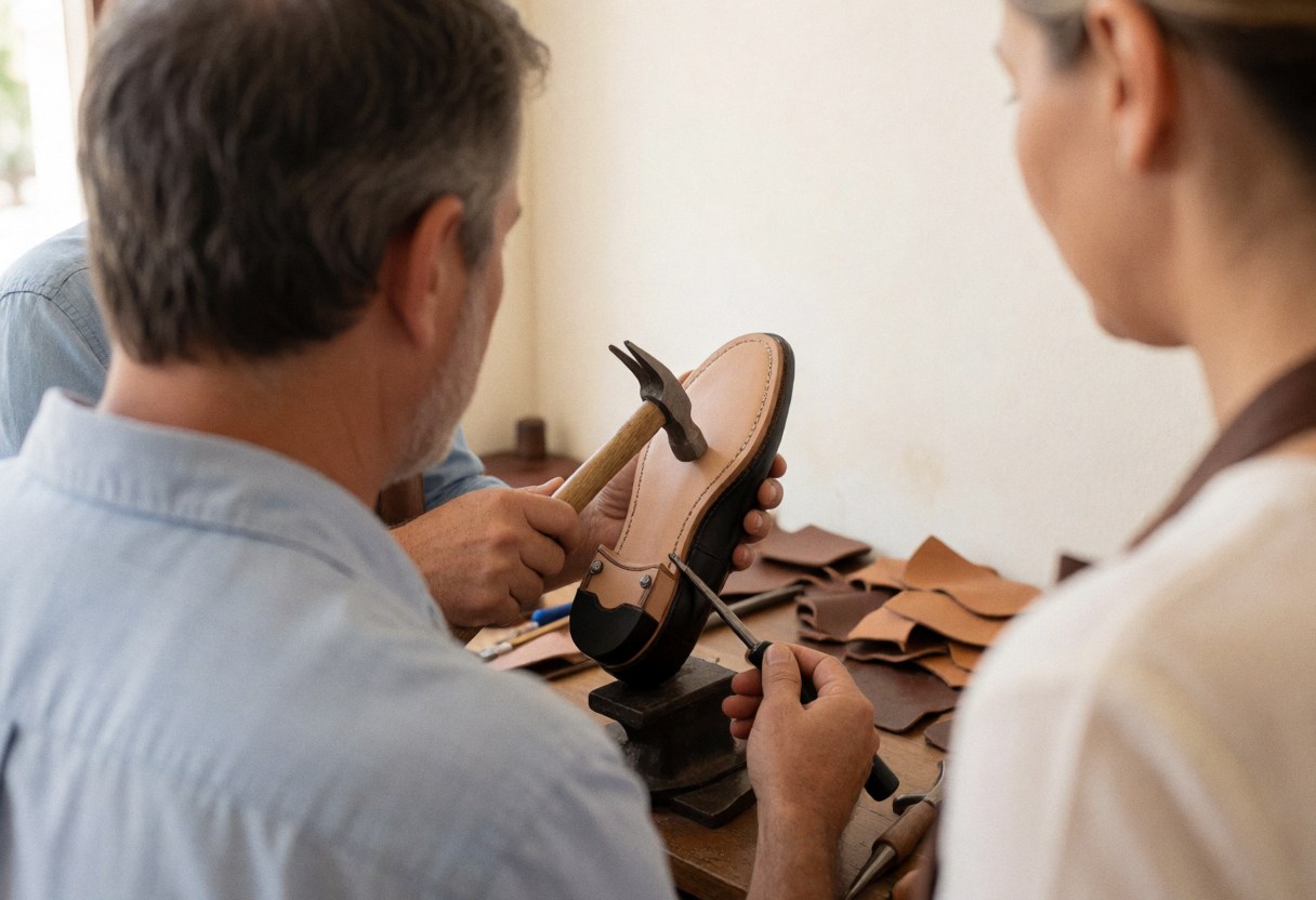 Un cordonnier travaille sur une nouvelle semelle pour réparer un soulier dans son atelier avec des outils professionnels.