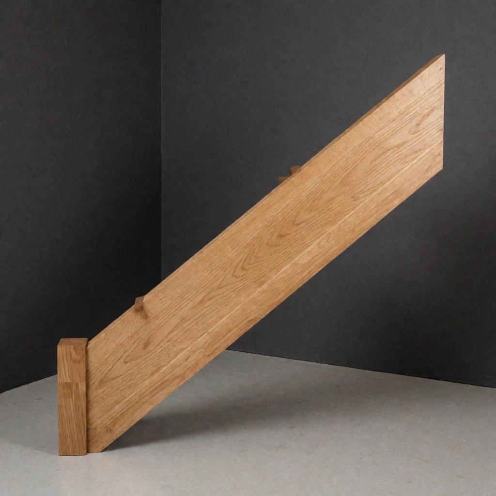 Gros plan sur un garde-corps d'escalier robuste en bois naturel avec grain visible, posé sur un fond gris neutre pour la restauration de meubles.