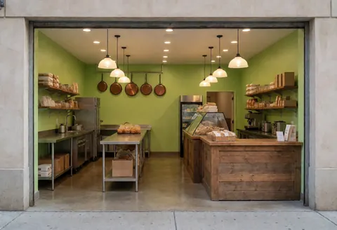 Façade de boulangerie aux murs verts, comptoirs en bois, ustensiles suspendus et éclairage chaleureux, idéale pour un commerce de pain et pâtisserie.