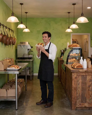 Une cliente heureuse savourant un gâteau dans une boulangerie aux murs verts, comptoirs en bois et lumières suspendues.