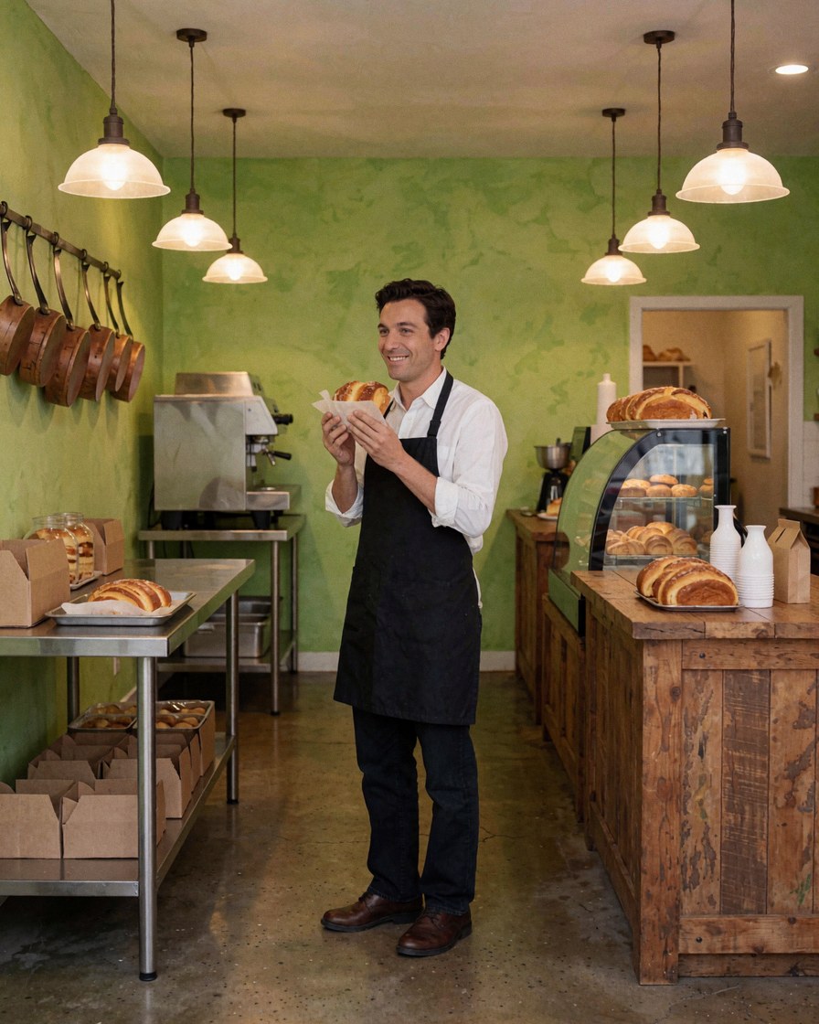 Une cliente heureuse savourant un gâteau dans une boulangerie aux murs verts, comptoirs en bois et lumières suspendues.
