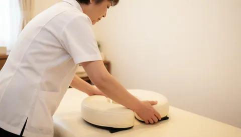 Une praticienne en massage maternel ajuste un coussin en C sur une table de massage dans un espace lumineux aux murs blancs, créant une ambiance chaleureuse et relaxante.