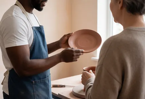 Un artisan céramiste discute avec un client pour personnaliser une commande de vaisselle en terre cuite dans son atelier.