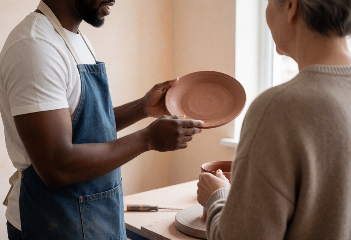 Un artisan céramiste discute avec un client pour personnaliser une commande de vaisselle en terre cuite dans son atelier.