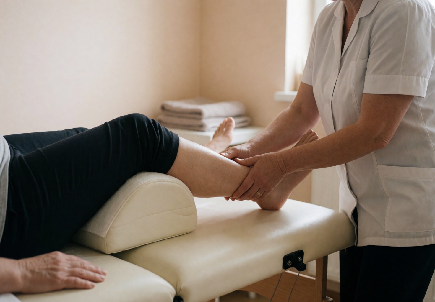 Une thérapeute en uniforme blanc réalise un massage des jambes à une femme enceinte allongée sur une table de massage dans un cadre calme et lumineux.