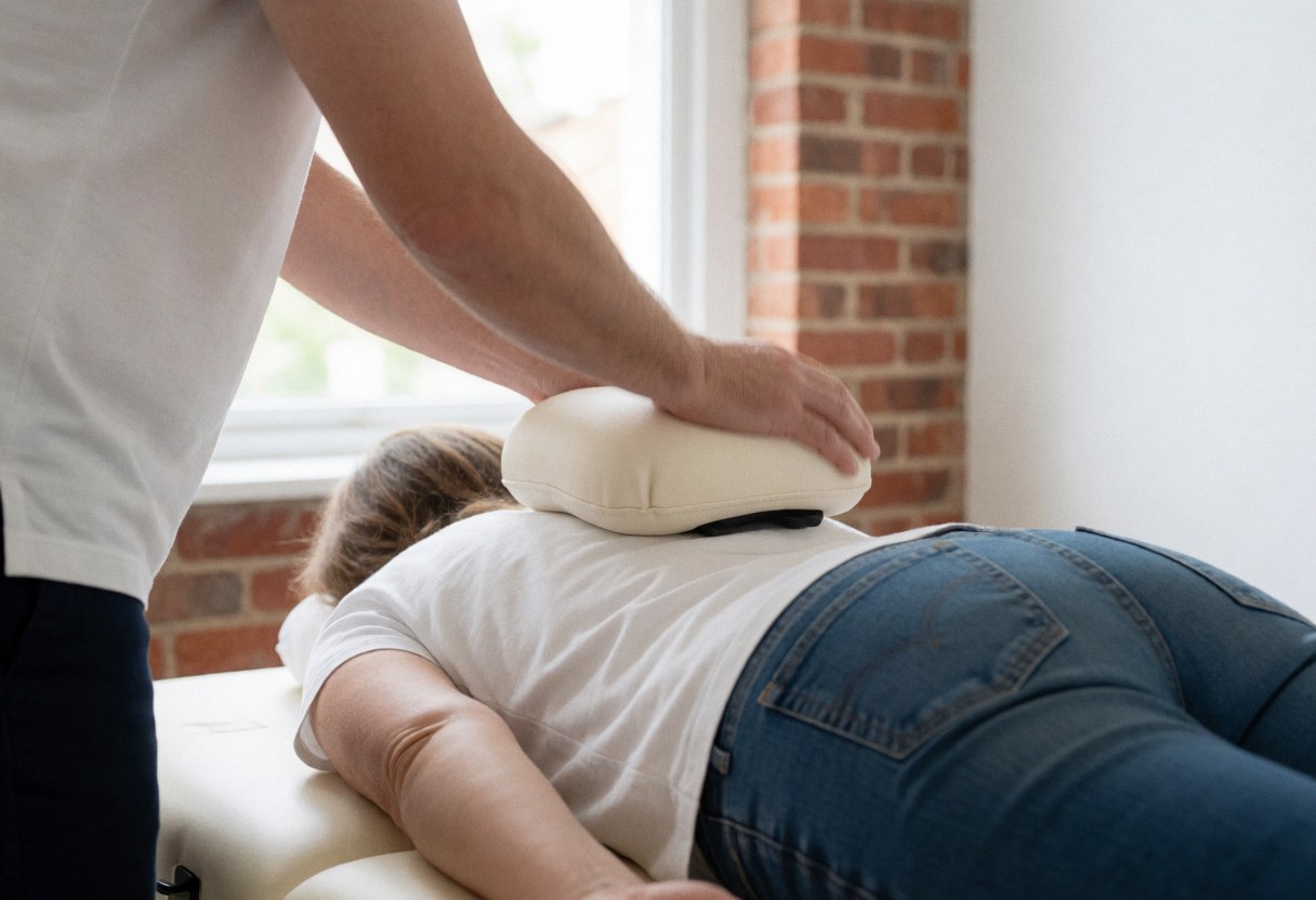 Un ostéopate effectue un traitement cervical sur un patient allongé, utilisant un oreiller, dans un cadre clinique avec mur en briques et lumière naturelle.