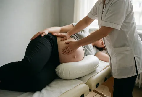 Une femme enceinte allongée sur une table reçoit un massage du dos par une praticienne en uniforme blanc dans un espace lumineux aux murs gris.