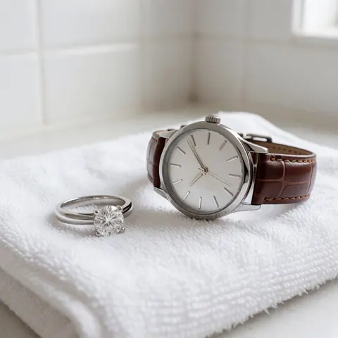 Une bague diamant et une montre à bracelet cuir brillants reposent sur une serviette blanche devant un fond de carreaux blancs, illustrant le résultat d'une réparation.