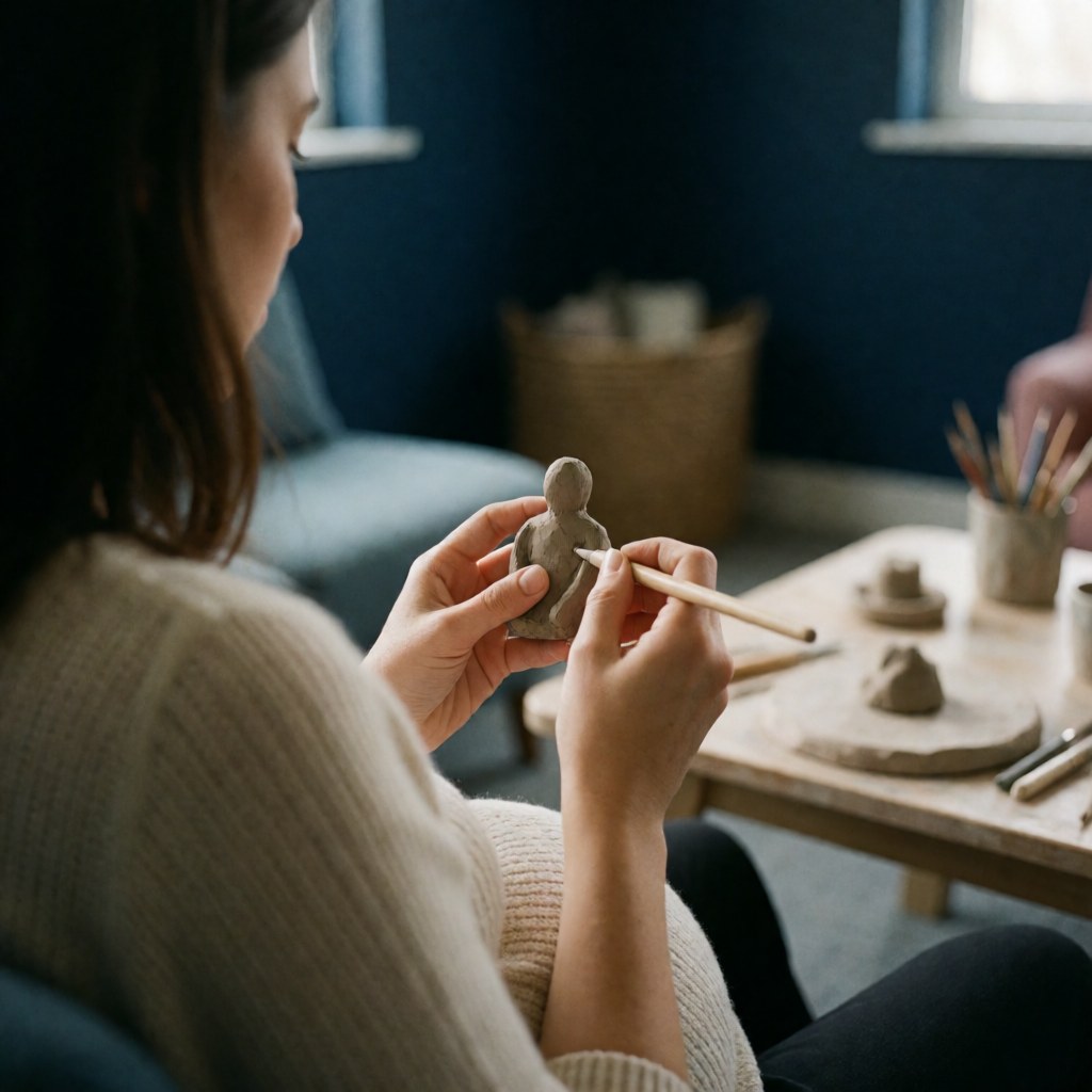Une femme enceinte utilise un outil pour façonner de l'argile sur une table en bois dans un atelier aux murs bleus, baigné d'une lumière douce.