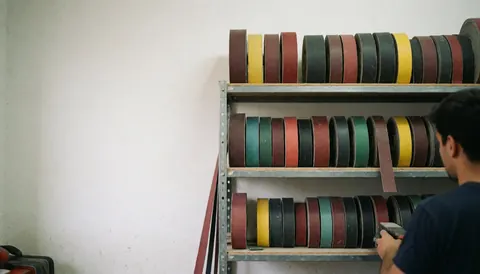 Atelier de réparation avec étagères métalliques remplies de bandes abrasives colorées. Une personne travaille dos tourné, laissant un espace vide à gauche pour le texte.