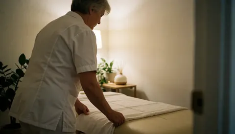 Salle de massage préparée avec une table de massage, un diffuseur d'aromathérapie et des plantes pour créer une ambiance relaxante.
