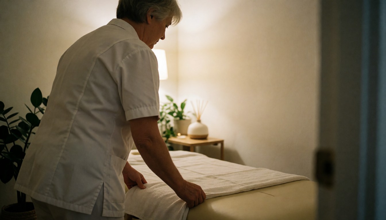 Salle de massage préparée avec une table de massage, un diffuseur d'aromathérapie et des plantes pour créer une ambiance relaxante.