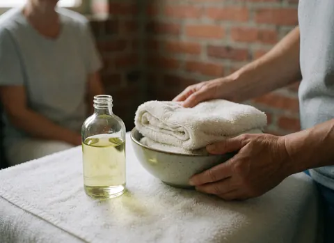 Mains préparant des serviettes chaudes à côté d'un pot d'huile essentielle sur une table de massage, avec un mur en briques en arrière-plan.