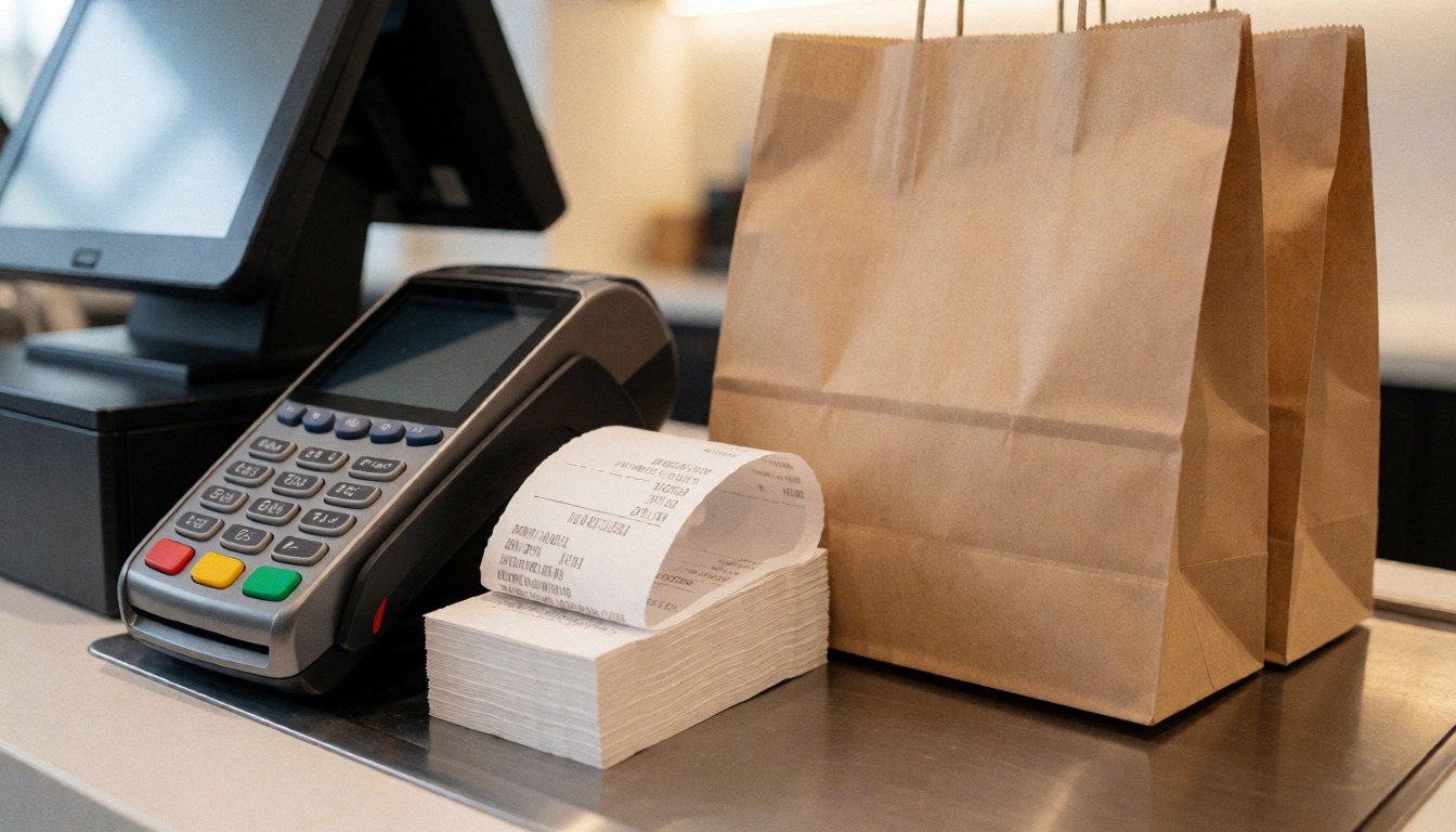 Caisse enregistreuse moderne avec terminal de paiement, pile de reçus et sacs en papier brun prêts pour l'achat sur un comptoir de magasin.