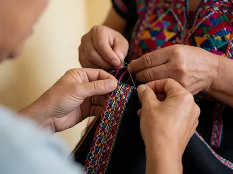 Gros plan montrant les mains d'un artisan travaillant minutieusement la broderie colorée sur un tissu noir d'un huipil mexicain.