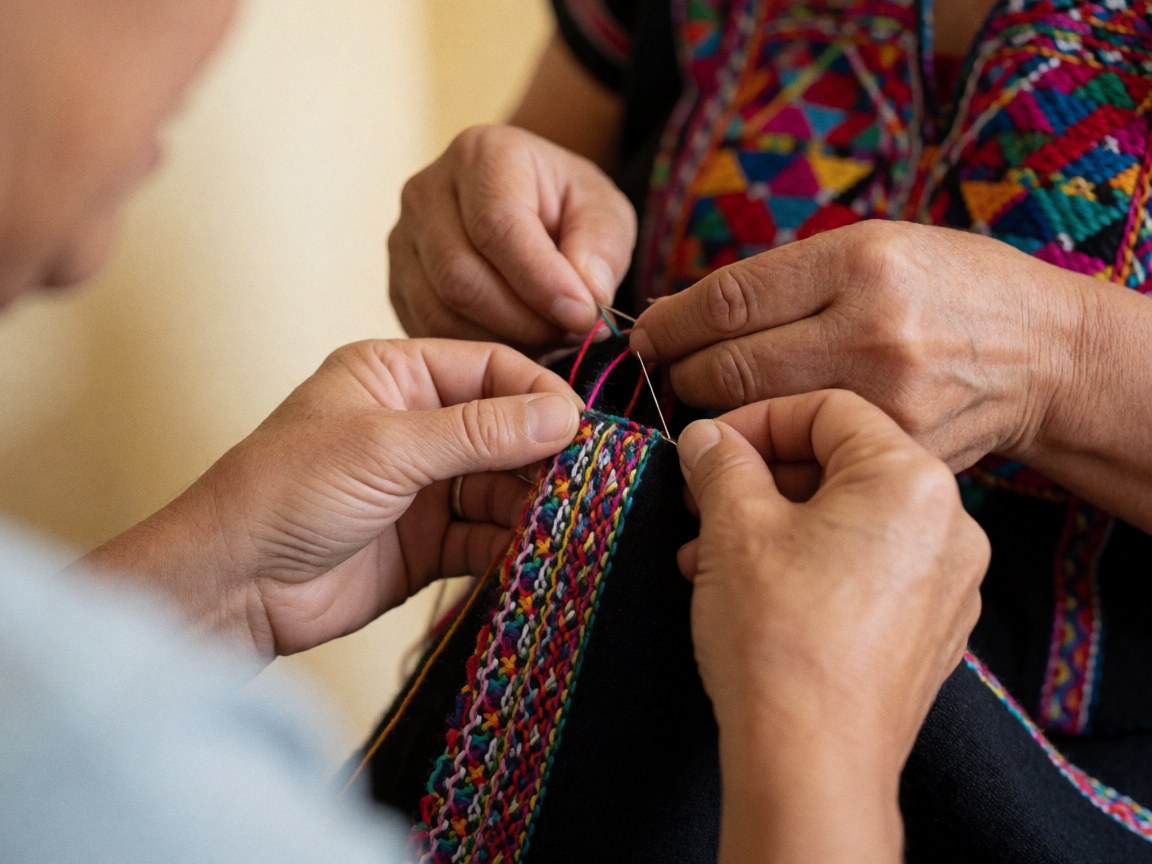Gros plan montrant les mains d'un artisan travaillant minutieusement la broderie colorée sur un tissu noir d'un huipil mexicain.
