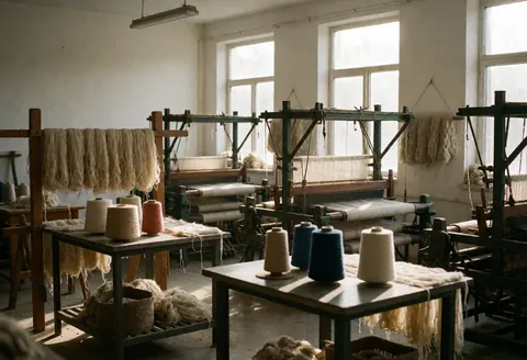 Vue d'un atelier de tissage industriel avec des métiers à tisser, des bobines de fil coloré en laine et coton, éclairé par la lumière naturelle entrant par les fenêtres.
