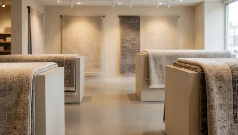 Intérieur d'un magasin de textiles avec des meubles d'exposition, une illumination chaleureuse et un sol poli, idéal pour des textes commerciaux.