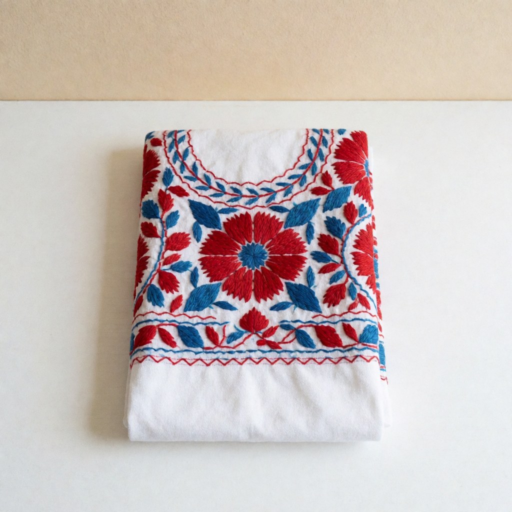 Tapis artisanal hondurien en coton avec broderie florale et feuillée en rouge et bleu sur fond blanc, idéal pour la décoration intérieure ou comme cadeau.