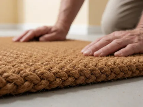 Gros plan montrant la texture rugueuse et les fibres naturelles entrelacées d'une natte traditionnelle en fibre de coco.