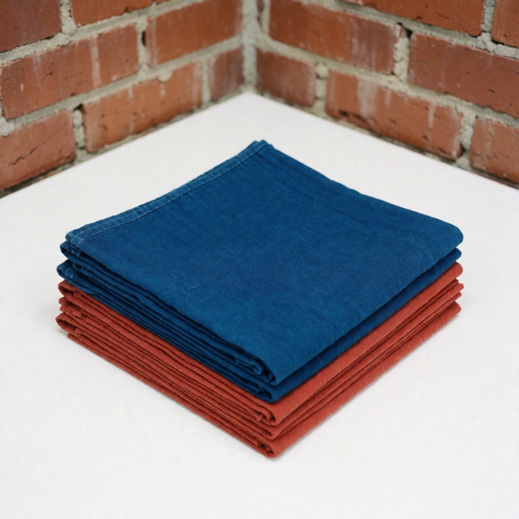 Des textiles en coton teint sont présentés sur un fond uni, mettant en valeur les couleurs naturelles du tissu.