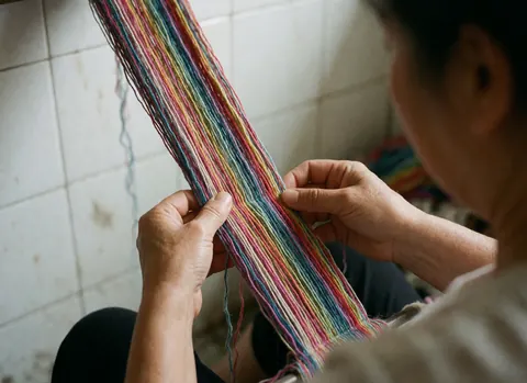 Mains d'une personne manipulant des fils de coton teints à la main, révélant des couleurs vibrantes et la texture du tissu sur un fond de murs carrelés blancs.