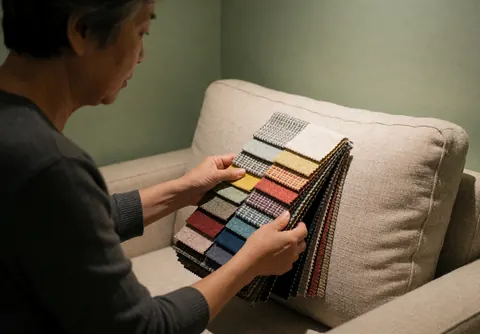 Un professionnel examine des échantillons de tissu aux motifs variés sur un canapé beige dans une pièce aux murs verts pâles, pour la décoration intérieure.
