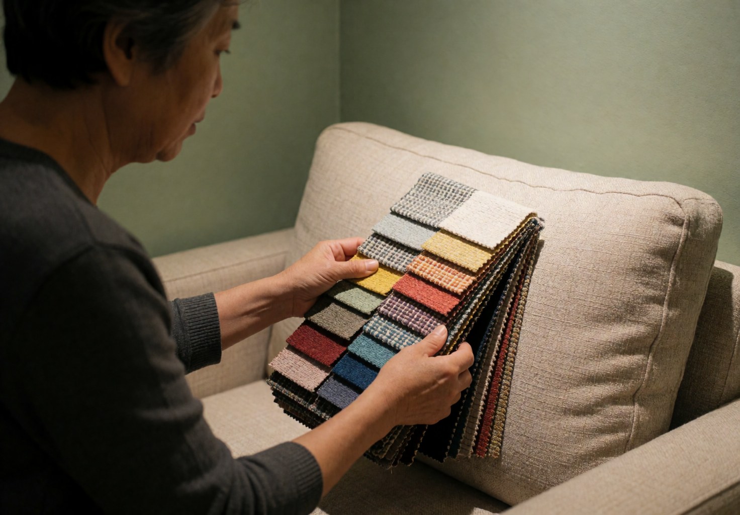 Un professionnel examine des échantillons de tissu aux motifs variés sur un canapé beige dans une pièce aux murs verts pâles, pour la décoration intérieure.