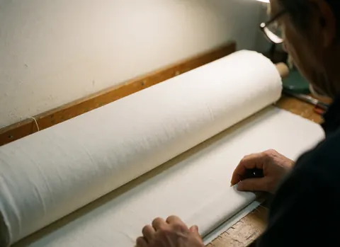 Rouleau de tissu blanc sur un établi en bois avec des mains travaillant, éclairage chaleureux et murs blancs pour textile artisanal.