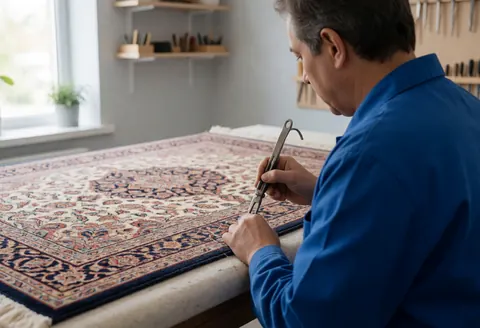 Un technicien en uniforme bleu répare une tapisserie avec un outil métallique dans un atelier lumineux.
