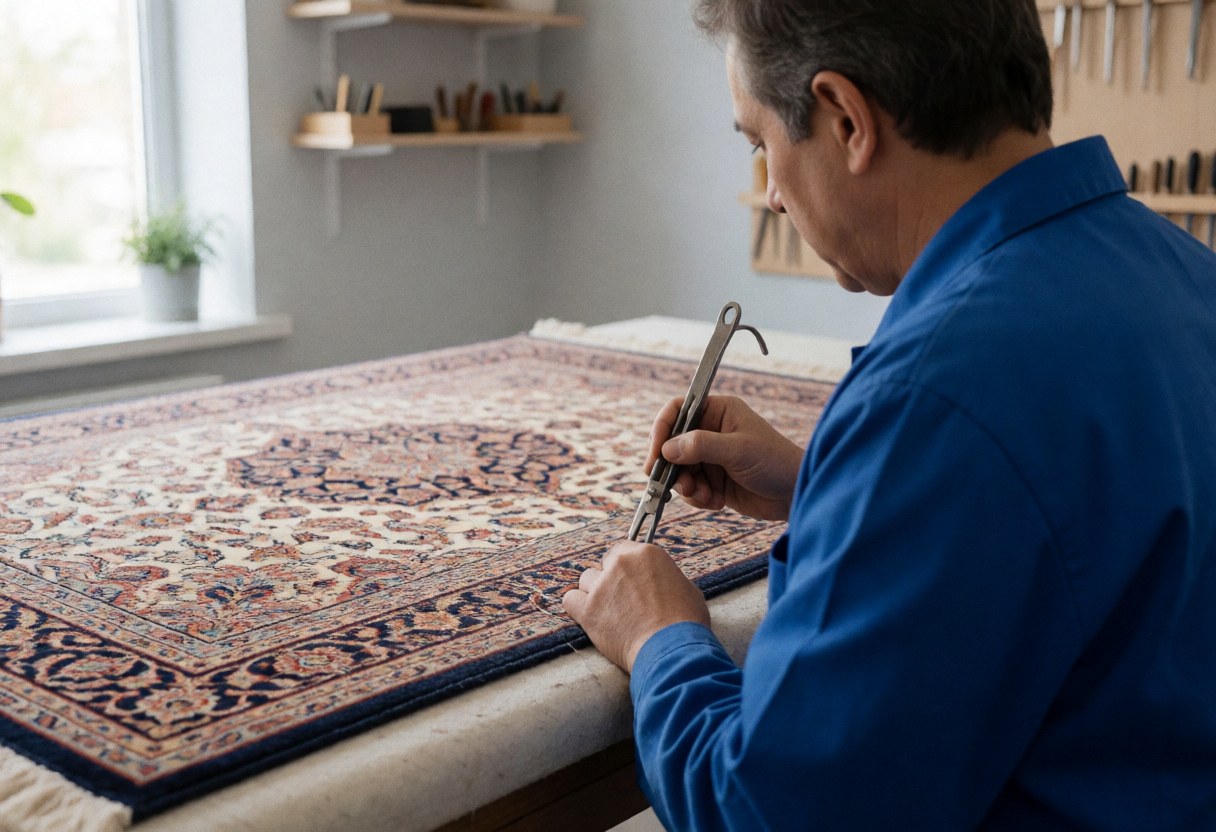 Un technicien en uniforme bleu répare une tapisserie avec un outil métallique dans un atelier lumineux.
